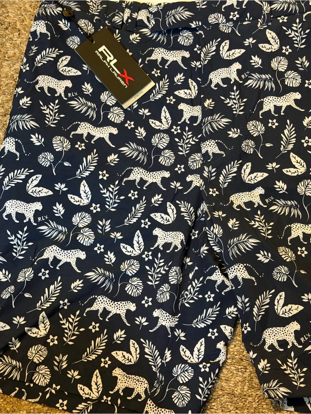 RLX Ralph Lauren Navy Blue & White Printed Flat Front Shorts